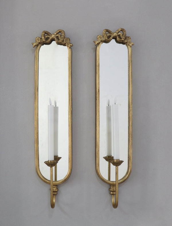 English Elm Set of 2 Gold Gilt Mirrored Candle Wall Sconces with French Ribbon Bow Crest W2078P513982