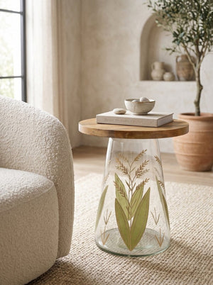English Elm 16X17.5 Round Mango Wood Top Accent Table with Hand-Painted Botanical Glass Base W2078P526193