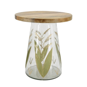 English Elm 16X17.5 Round Mango Wood Top Accent Table with Hand-Painted Botanical Glass Base W2078P526193