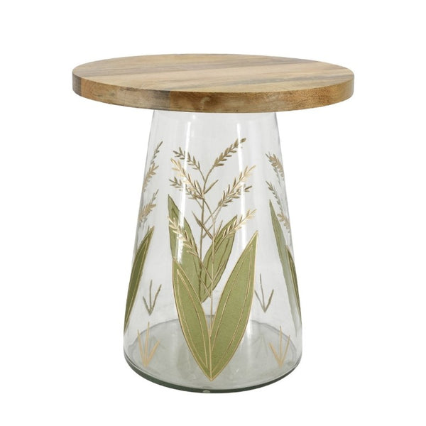 English Elm 16X17.5 Round Mango Wood Top Accent Table with Hand-Painted Botanical Glass Base W2078P526193