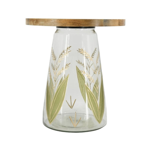 English Elm 16X17.5 Round Mango Wood Top Accent Table with Hand-Painted Botanical Glass Base W2078P526193