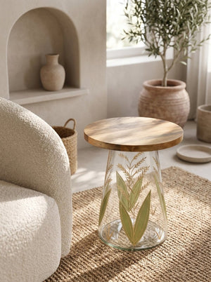 English Elm 16X17.5 Round Mango Wood Top Accent Table with Hand-Painted Botanical Glass Base W2078P526193
