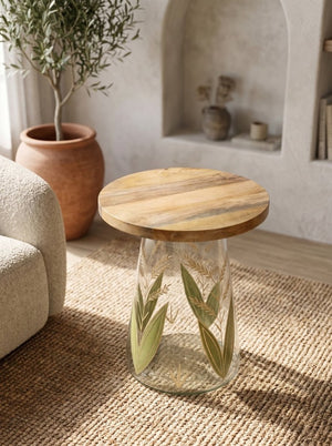 English Elm 16X17.5 Round Mango Wood Top Accent Table with Hand-Painted Botanical Glass Base W2078P526193