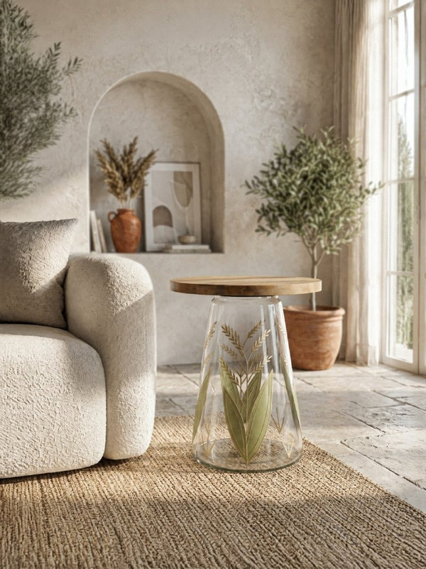 English Elm 16X17.5 Round Mango Wood Top Accent Table with Hand-Painted Botanical Glass Base W2078P526193