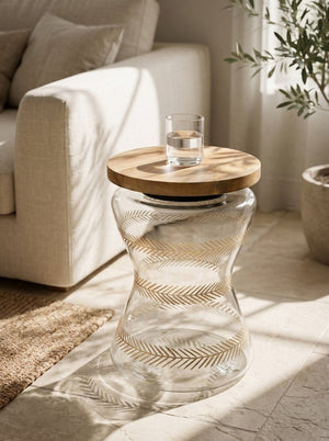 English Elm 11X15 Round Accent Table Mango Wood Top Hourglass Glass Base with Gold Fern Motifs W2078P526201