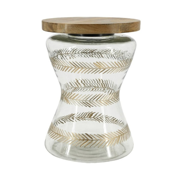 English Elm 11X15 Round Accent Table Mango Wood Top Hourglass Glass Base with Gold Fern Motifs W2078P526201