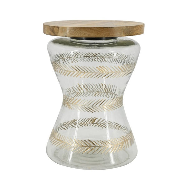 English Elm 11X15 Round Accent Table Mango Wood Top Hourglass Glass Base with Gold Fern Motifs W2078P526201
