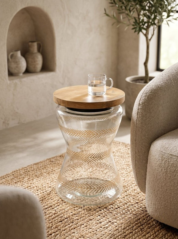 English Elm 11X15 Round Accent Table Mango Wood Top Hourglass Glass Base with Gold Fern Motifs W2078P526201