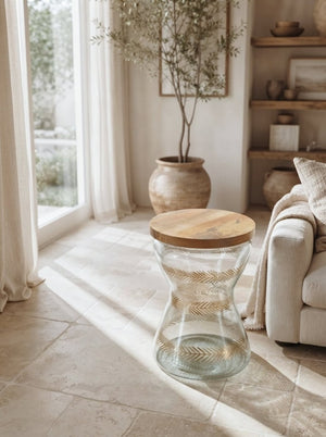 English Elm 11X15 Round Accent Table Mango Wood Top Hourglass Glass Base with Gold Fern Motifs W2078P526201