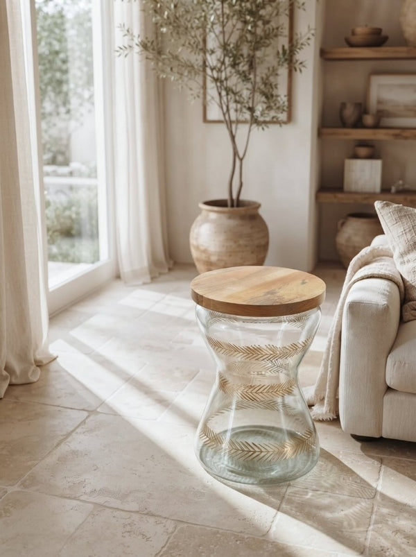 English Elm 11X15 Round Accent Table Mango Wood Top Hourglass Glass Base with Gold Fern Motifs W2078P526201
