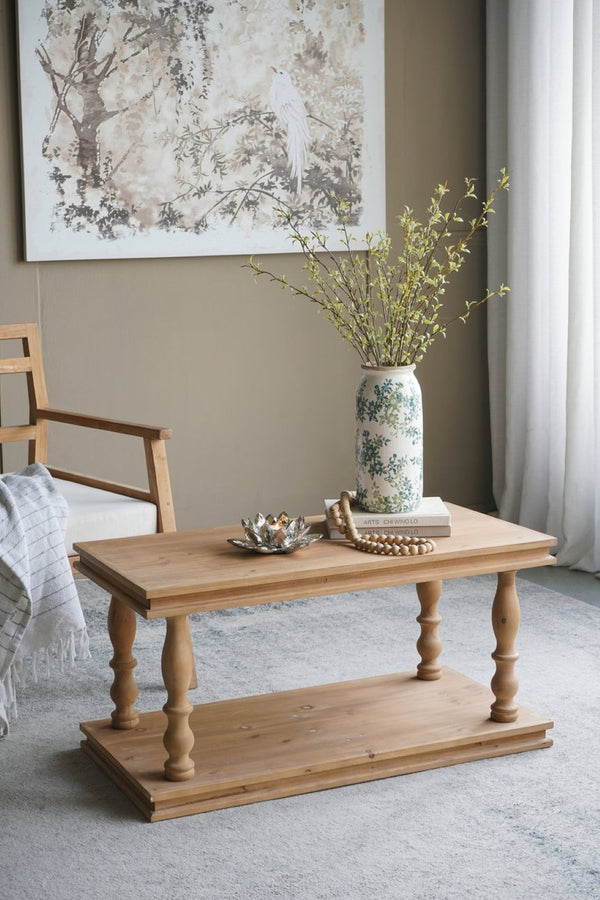 English Elm 36x18x18" Two-tier Pine Wood Coffee Table with Hand-carved Legs for Farmhouse Living Rooms W2078P526792