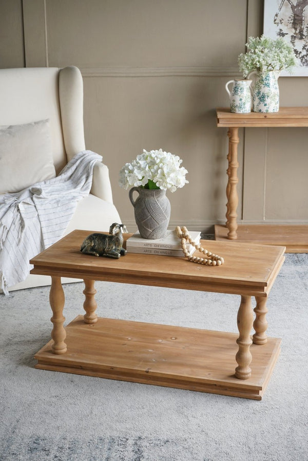 English Elm 36x18x18" Two-tier Pine Wood Coffee Table with Hand-carved Legs for Farmhouse Living Rooms W2078P526792