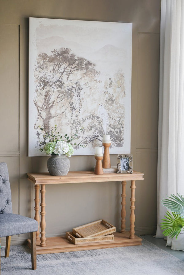 English Elm 48x15x32" Two-tier Pine Console Table with Spindle Legs for Farmhouse Entryways W2078P526850