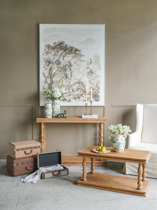 English Elm 48x15x32" Two-tier Pine Console Table with Spindle Legs for Farmhouse Entryways W2078P526850