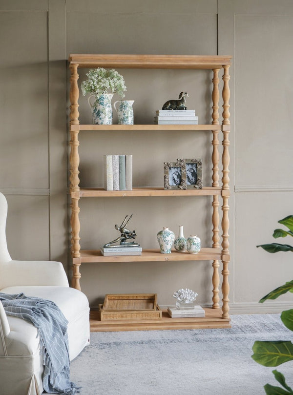 English Elm 46.9x17x80.5" Five Tier Pine Bookshelf Carved Spindle Posts Farmhouse French Country W2078P526863