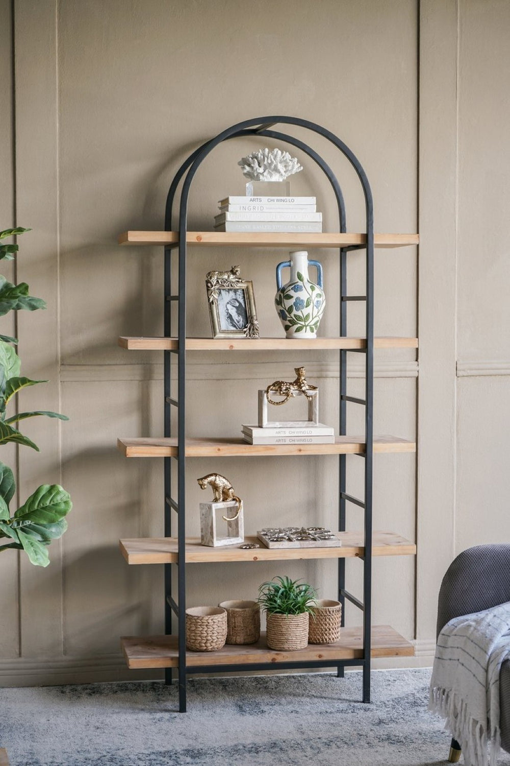 English Elm 35.6x13.6x70.9" Arched 5-tier Iron and Mdf Bookshelf Tall Open Display Unit W2078P526870