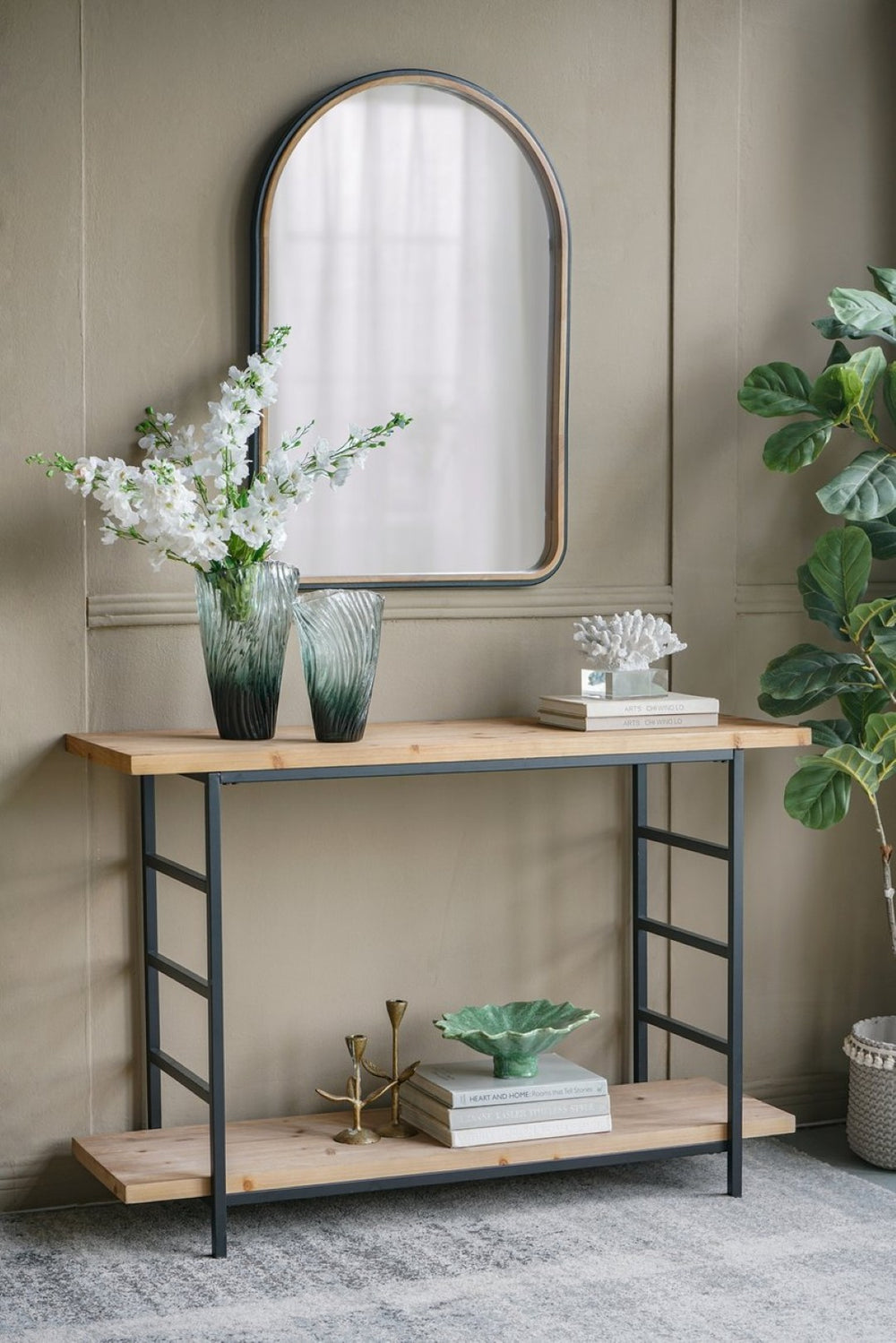 English Elm 48x16x32" Two Tier Iron and Wood Console Table Matte Black Frame Entryway Storage W2078P526871