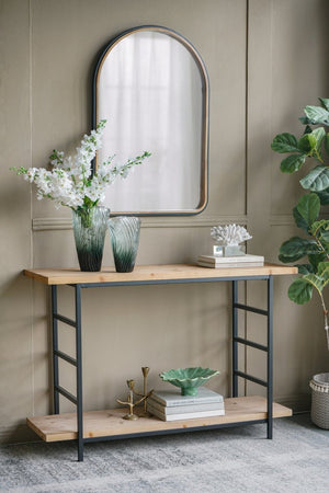 English Elm 48x16x32" Two Tier Iron and Wood Console Table Matte Black Frame Entryway Storage W2078P526871
