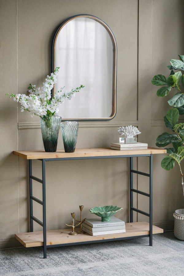 English Elm 48x16x32" Two Tier Iron and Wood Console Table Matte Black Frame Entryway Storage W2078P526871