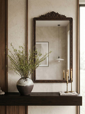 English Elm 27.4X47.8 Baroque Antique Wall Mirror Hand-Carved Floral Pediment for Mantel or Entryway W2078P531143