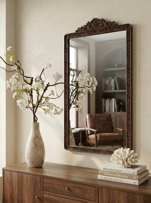 English Elm 27.4X47.8 Baroque Antique Wall Mirror Hand-Carved Floral Pediment for Mantel or Entryway W2078P531143