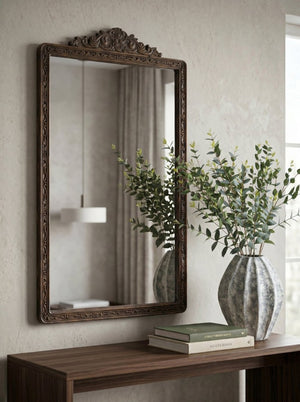 English Elm 27.4X47.8 Baroque Antique Wall Mirror Hand-Carved Floral Pediment for Mantel or Entryway W2078P531143