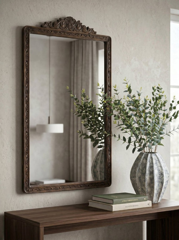English Elm 27.4X47.8 Baroque Antique Wall Mirror Hand-Carved Floral Pediment for Mantel or Entryway W2078P531143