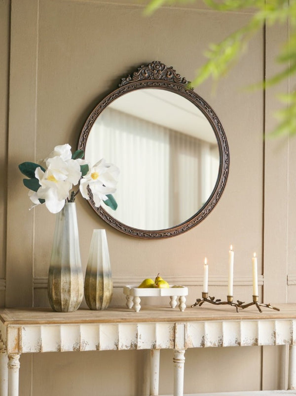English Elm 31.5 Inch Baroque Round Wall Mirror Hand Carved Floral Pediment for Entryway Vanity W2078P531144