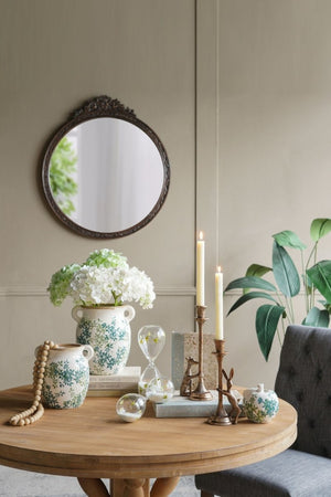 English Elm 31.5 Inch Baroque Round Wall Mirror Hand Carved Floral Pediment for Entryway Vanity W2078P531144