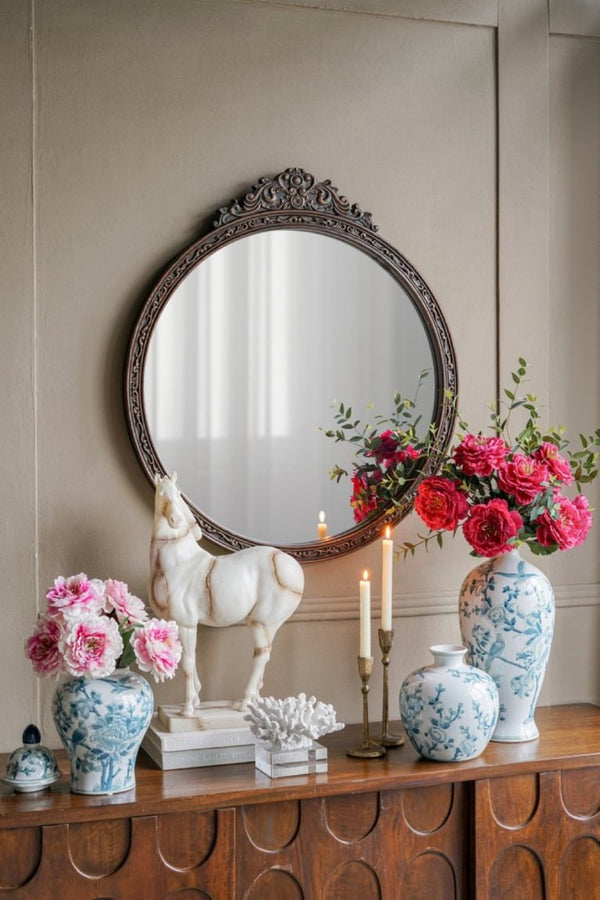 English Elm 31.5 Inch Baroque Round Wall Mirror Hand Carved Floral Pediment for Entryway Vanity W2078P531144