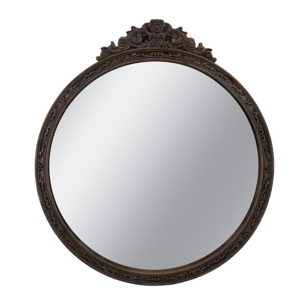 English Elm 31.5 Inch Baroque Round Wall Mirror Hand Carved Floral Pediment for Entryway Vanity W2078P531144