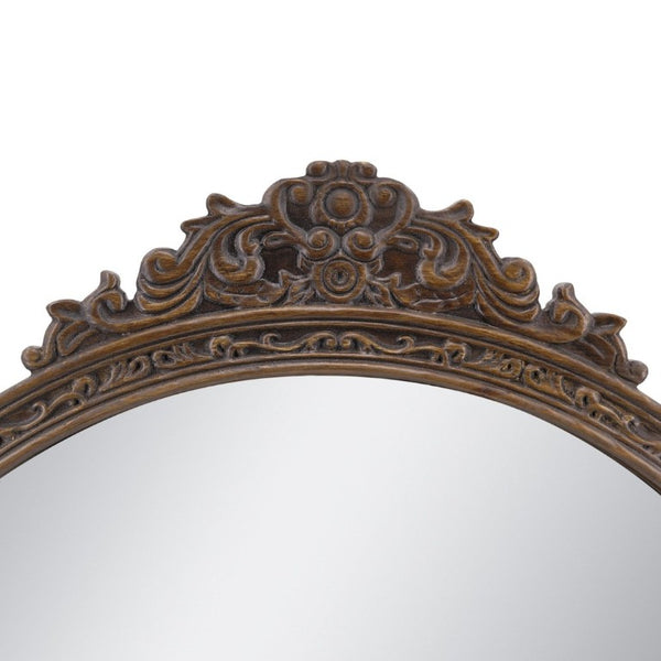 English Elm 31.5 Inch Baroque Round Wall Mirror Hand Carved Floral Pediment for Entryway Vanity W2078P531144