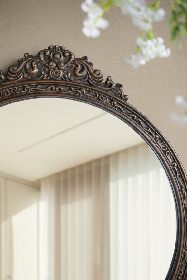 English Elm 31.5 Inch Baroque Round Wall Mirror Hand Carved Floral Pediment for Entryway Vanity W2078P531144