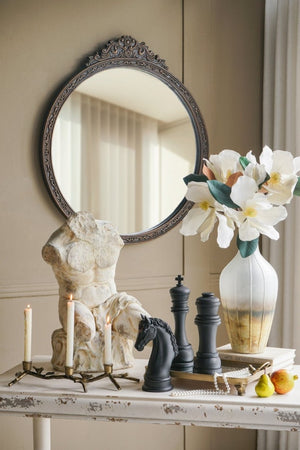 English Elm 31.5 Inch Baroque Round Wall Mirror Hand Carved Floral Pediment for Entryway Vanity W2078P531144