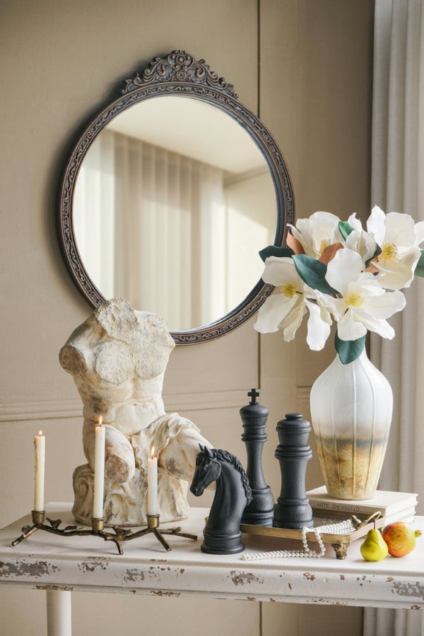 English Elm 31.5 Inch Baroque Round Wall Mirror Hand Carved Floral Pediment for Entryway Vanity W2078P531144