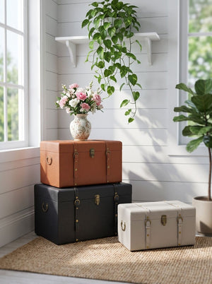 English Elm Set of 3 Nesting Vintage Trunks in Woven PU Leather with Iron Hardware for Home Storage W2078P531258