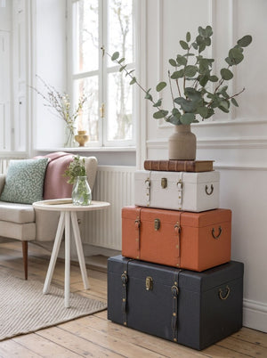 English Elm Set of 3 Nesting Vintage Trunks in Woven PU Leather with Iron Hardware for Home Storage W2078P531258