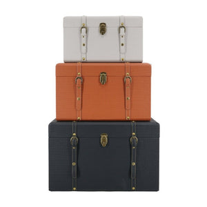 English Elm Set of 3 Nesting Vintage Trunks in Woven PU Leather with Iron Hardware for Home Storage W2078P531258