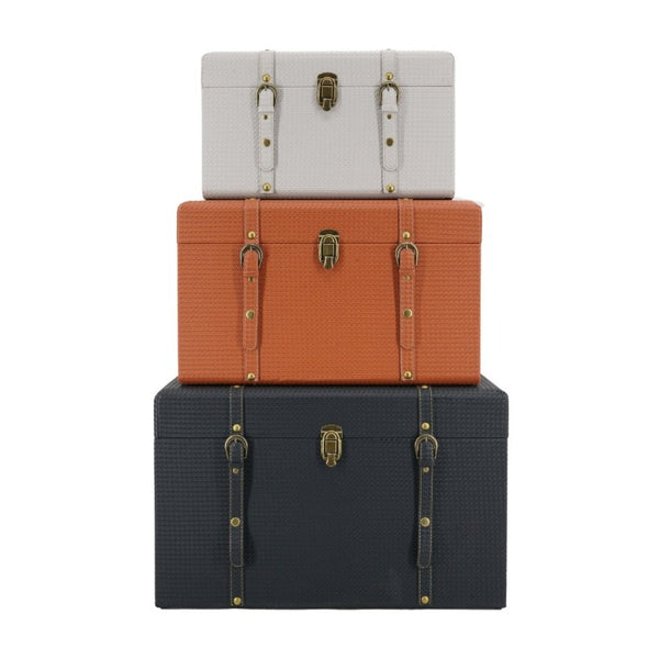 English Elm Set of 3 Nesting Vintage Trunks in Woven PU Leather with Iron Hardware for Home Storage W2078P531258