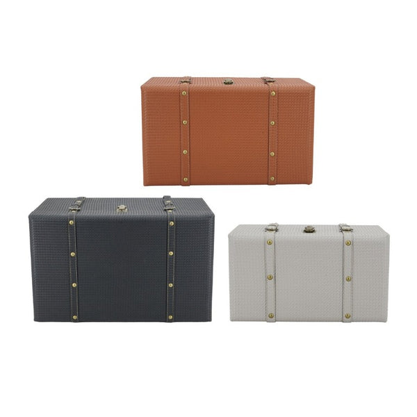 English Elm Set of 3 Nesting Vintage Trunks in Woven PU Leather with Iron Hardware for Home Storage W2078P531258