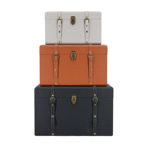 English Elm Set of 3 Nesting Vintage Trunks in Woven PU Leather with Iron Hardware for Home Storage W2078P531258