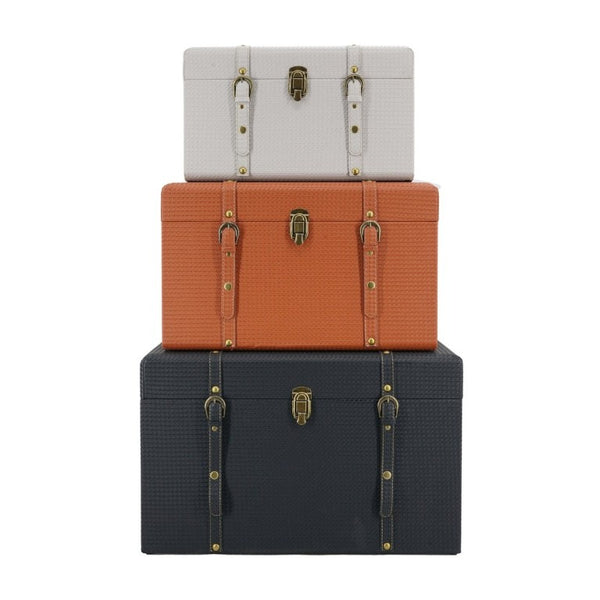 English Elm Set of 3 Nesting Vintage Trunks in Woven PU Leather with Iron Hardware for Home Storage W2078P531258