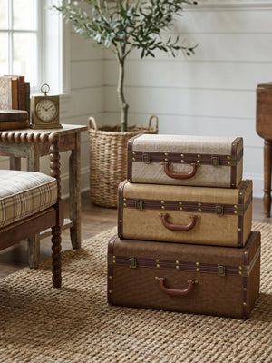 English Elm Set of 3 Nesting Fabric Trunks with Brass Hardware Vintage Antique Storage Chests W2078P531259