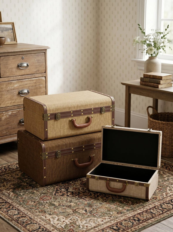 English Elm Set of 3 Nesting Fabric Trunks with Brass Hardware Vintage Antique Storage Chests W2078P531259