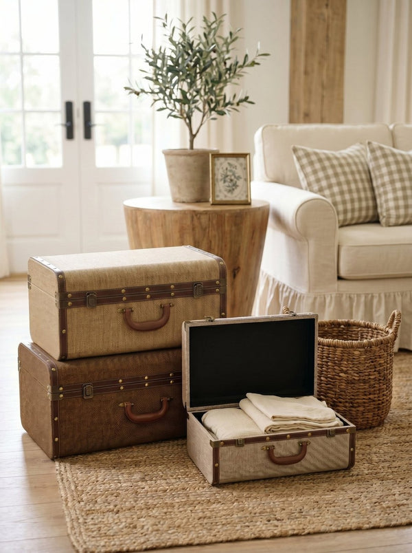 English Elm Set of 3 Nesting Fabric Trunks with Brass Hardware Vintage Antique Storage Chests W2078P531259