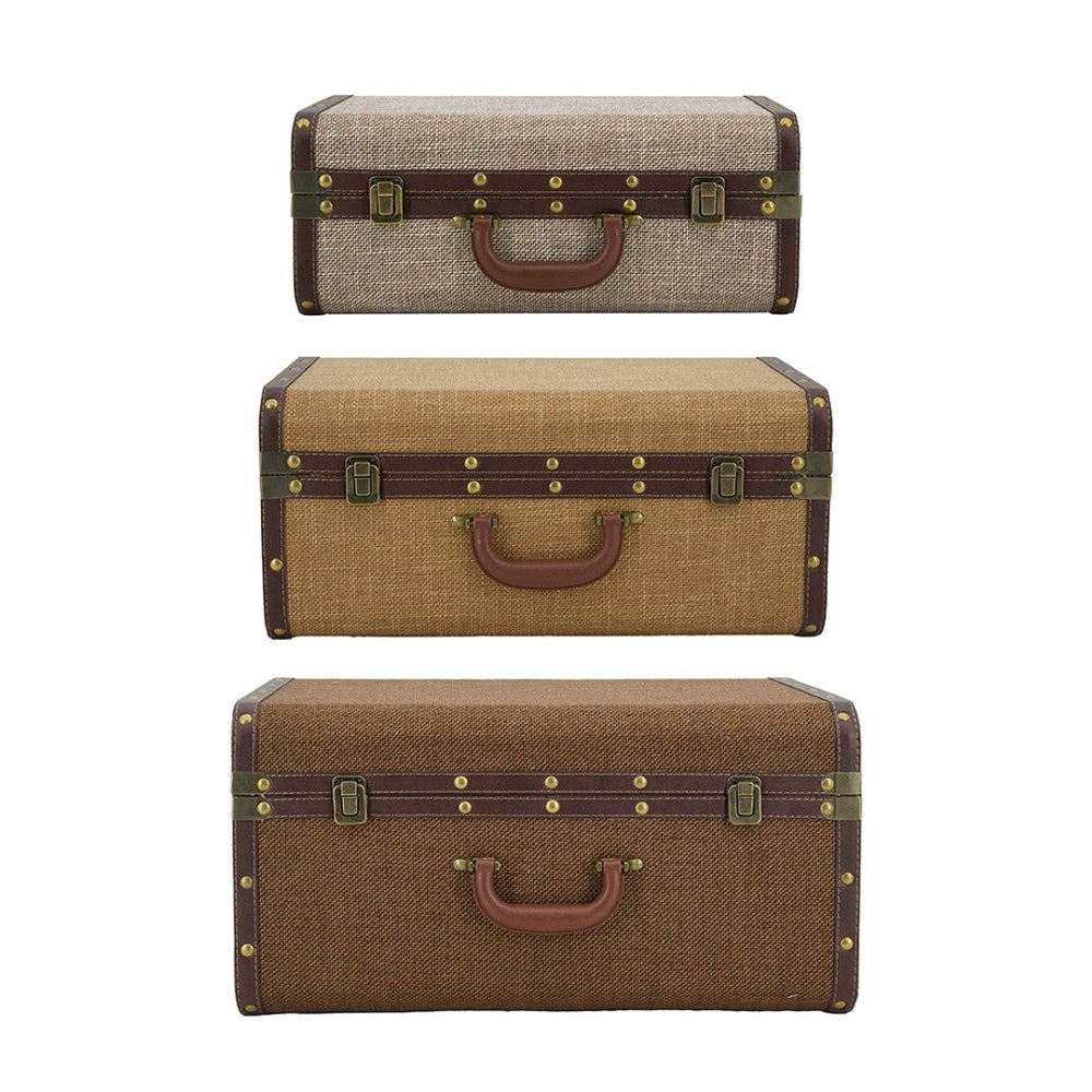 English Elm Set of 3 Nesting Fabric Trunks with Brass Hardware Vintage Antique Storage Chests W2078P531259