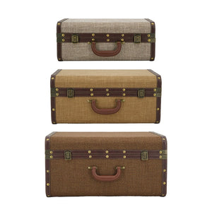 English Elm Set of 3 Nesting Fabric Trunks with Brass Hardware Vintage Antique Storage Chests W2078P531259