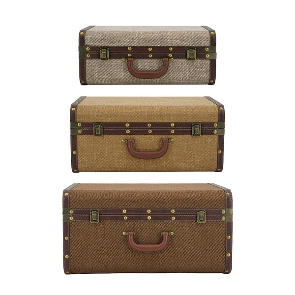 English Elm Set of 3 Nesting Fabric Trunks with Brass Hardware Vintage Antique Storage Chests W2078P531259