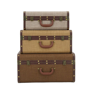English Elm Set of 3 Nesting Fabric Trunks with Brass Hardware Vintage Antique Storage Chests W2078P531259