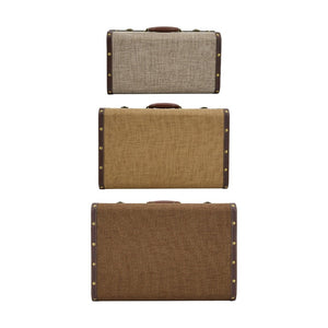 English Elm Set of 3 Nesting Fabric Trunks with Brass Hardware Vintage Antique Storage Chests W2078P531259